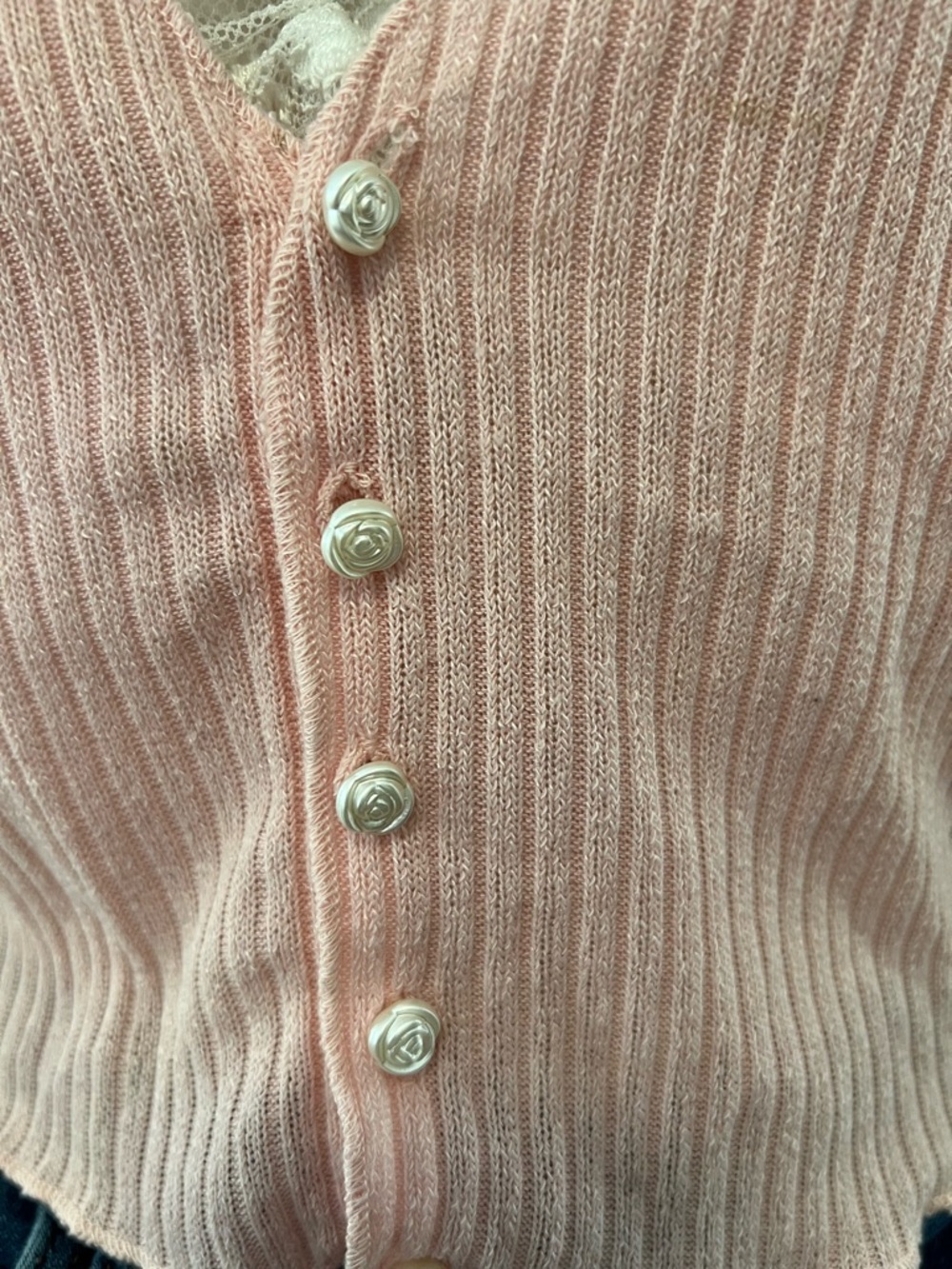 Pink Ribbed Lace Trim Crop Top Button Front Coquette Style Size L - Picture 6 of 8